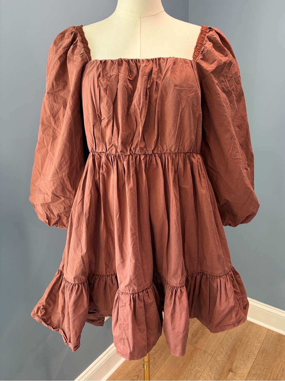 Mare Mare Anthropologie Brown Puff Sleeve Babydoll Mini Dress Medium 100% Cotton